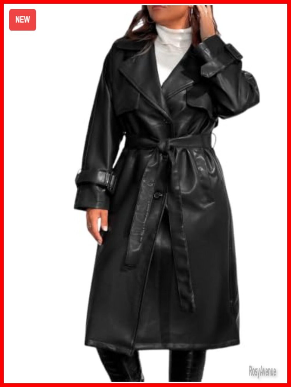 Plus Size Faux Leather Moto Trench Coat Long Belted Jacket